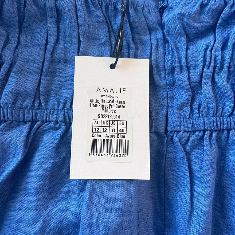 NEW Amalie the Label by Showpo Khaila LInen Lunge Puff Sleeve Mini Dress in Blue - Picture 2 of 11
